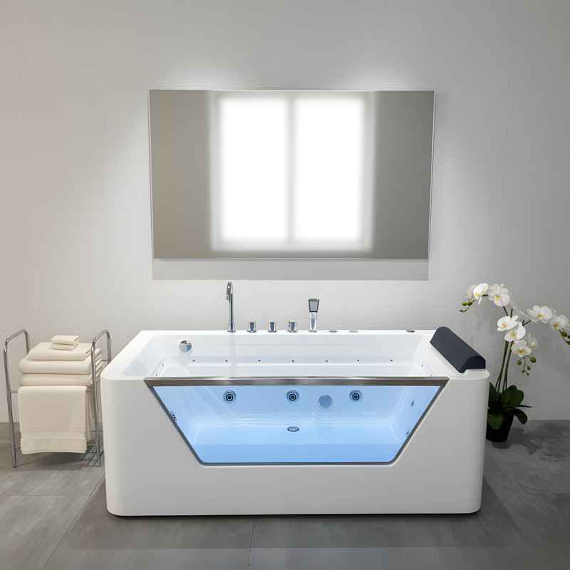 67" Whirlpool Bathtub ,Hydrotherapy Jetted Bathtub With Glass Panel, 7 Jets,3-Side Apron,89 Gallons,White