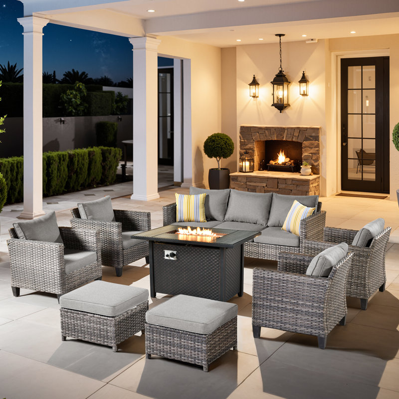 Allcot 7 - Person Wicker/Rattan Patio Furniture Set, Outdoor Fire Pit Sofa Set with Throw Pillows and Comfy Cushions, Gray