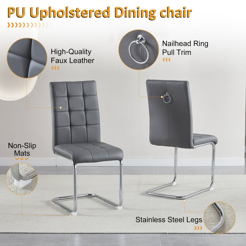 5- Piece Dining Table Set,Glass Top Metal Base Dining Tablewith 4 Faux Leather Dining Chairs, Silver, Gray/Silver