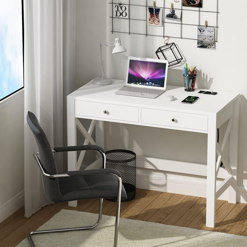 Farmhouse Desk With USB Charging Ports And Power Outlets, 39" Computer Desk With Drawers, Small Study Writing Table With Stable X Frame For Home Office