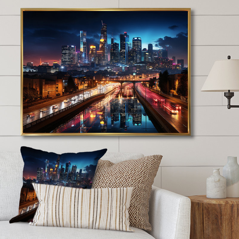 Paysage urbain pittoresque - impression, Cadre flottant doré, H 24 po x l 32 po x P 1 po