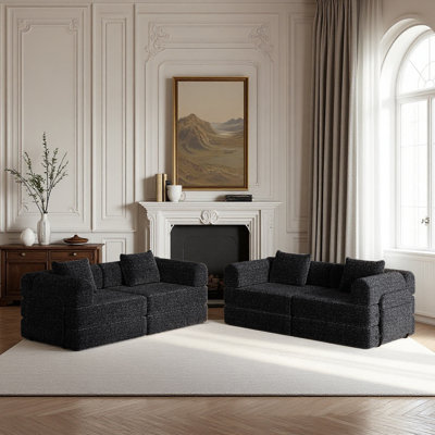 2pcs Compression 72.4"chenille Fabric Sofa,folding Sofa Bed,convertible 3 Seater Sofa With 1 Seater Sofa,black