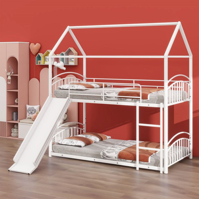 Metal House Bunk Bed With Slide, White