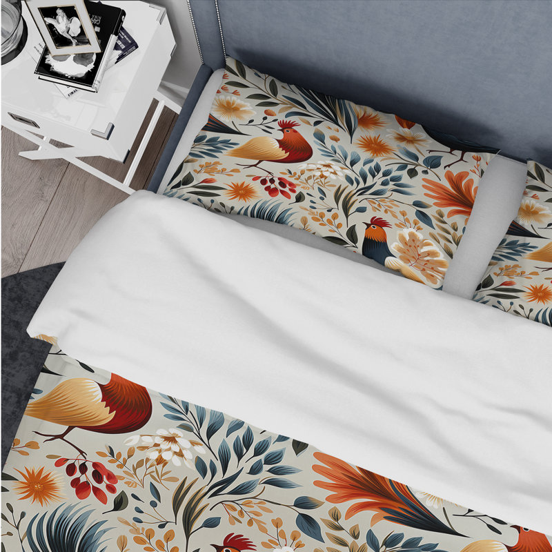 Literie Country Charm Red Rooster, Housse de couette pour grand lit et 2 taies décor