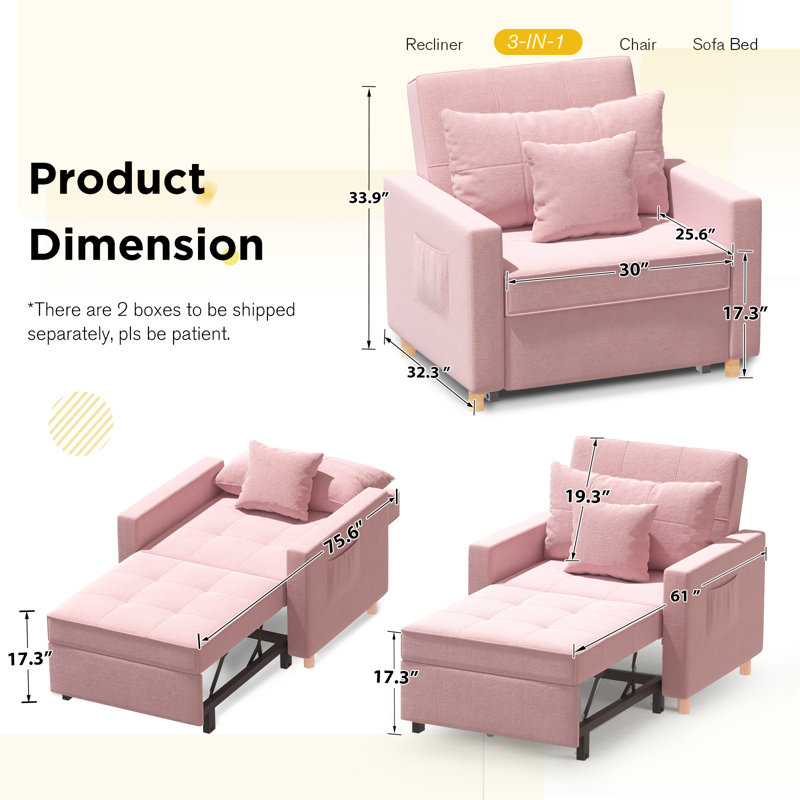Heckman 40" Sleeper Chair,  3-in-1 Convertible Chair Bed, Pink Velvet