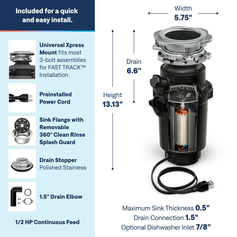 Moen Prep Series PRO 1/2 HP Continuous Feed Garbage Disposal with Power Cord