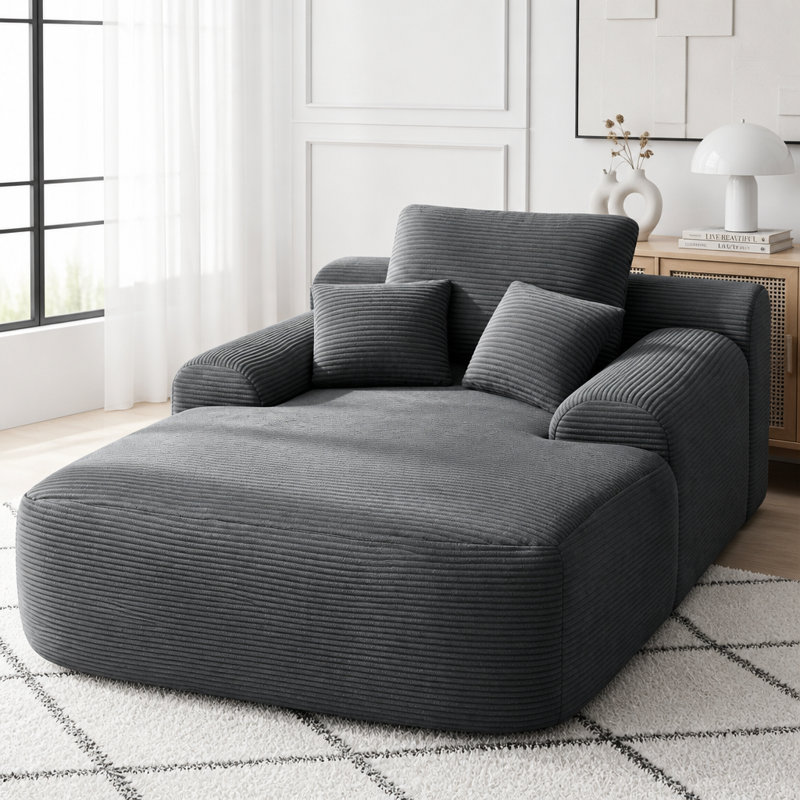 Chaise longue convertible avec rembourrage à ressorts et velours côtelé, sans assemblage, gris, 70 lb, Grey Corduroy