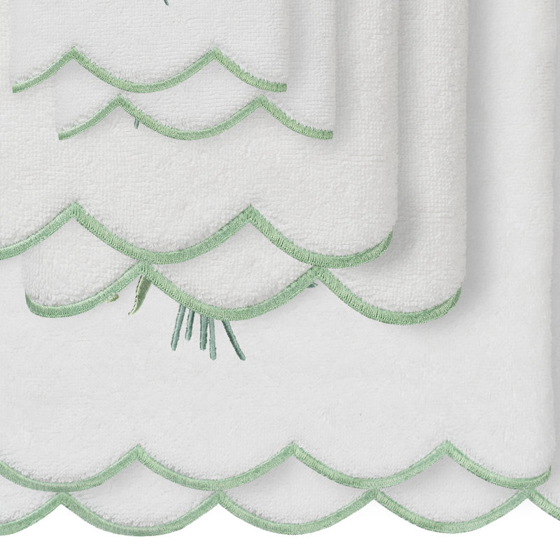  Ensemble de serviettes 100% coton festonné 100% coton WHITNEY, Blanc/vert, Ensemble 6 serviettes de bain