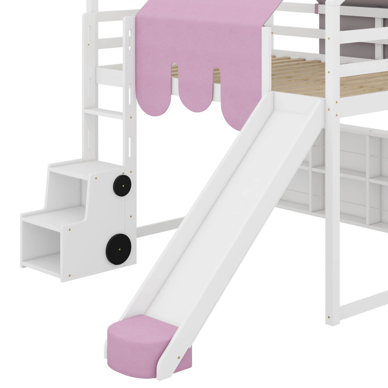 Lit simple mezzanine en bois en forme de maison avec une tente, Double, Blanc / Rose