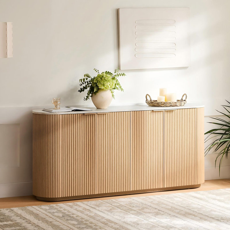  Buffet cannelé moderne 70 po avec bord incurvé et portes à fermeture en douceur, Chêne / Blanc
