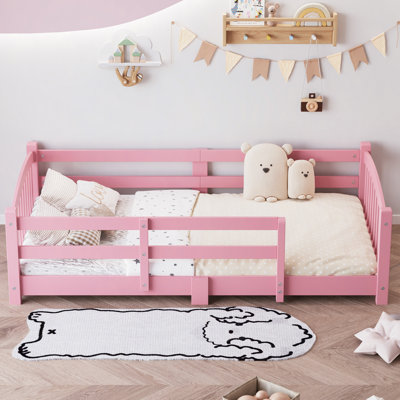 Montessori Floor Bed With Slats And Safety Guardrails, Solid Wood Floor Bed With Fence And Without Door, Easy Assemble Montessori Bed