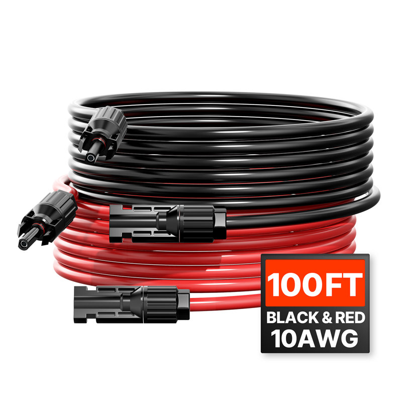 Câble d'extension de panneau solaire 100 pi, câble d'extension solaire 10AWG avec connecteurs étanches femelle et mâle, câble PV de 6 mm² pour panneaux solaires pour la maison, le bateau et le véhicule récréatif, noir 100 pi + rouge 100 pi