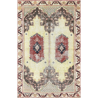 Tapis unique en laine noué à la main de style années 1960 de 4 pi 9 po x 7 pi 2 po rouge / jaune / gris anthracite