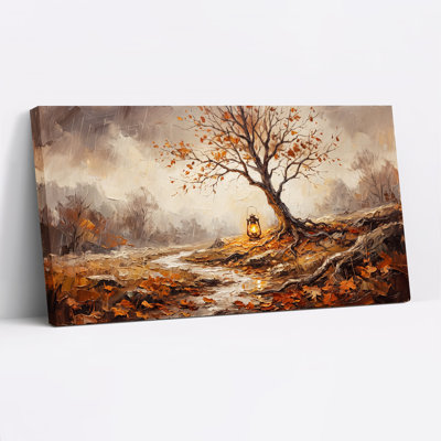 «Autumn Tree with Glowing Lantern On Rainy Path», art mural sur toile