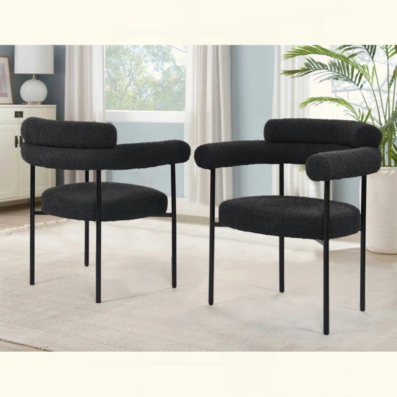 Ensemble de 2 chaises de cuisine en tissu avec accoudoirs et fauteuil rembourré Boucle, Noir, Noir