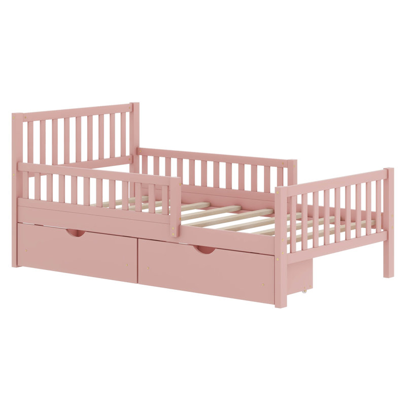 Lit plateforme en bois avec garde-corps des deux côtés et deux tiroirs, Simple, Rose