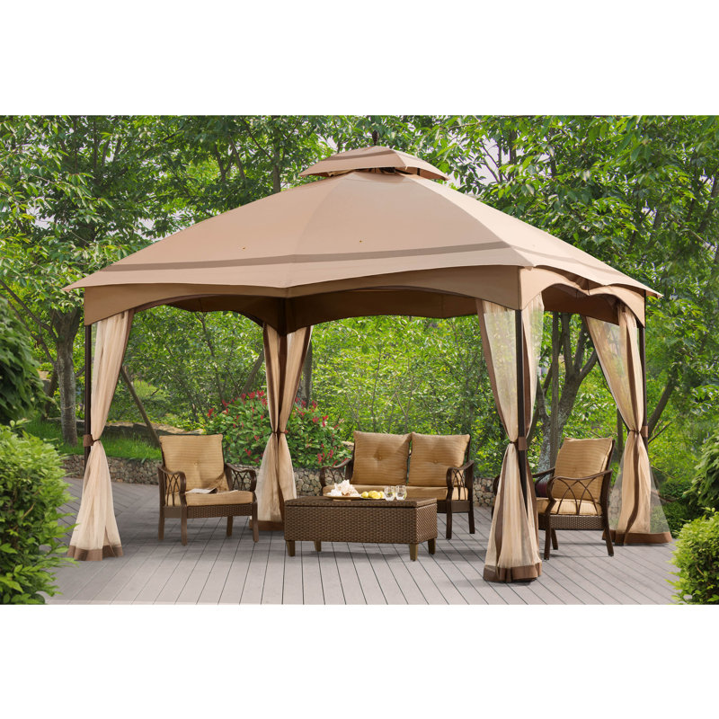 Sunjoy Metal Soft Top Gazebo 10.5 x 13 ft 2-Tier Steel Gazebo Weather Resistant Outdoor Patio Shelter, Brown/Black