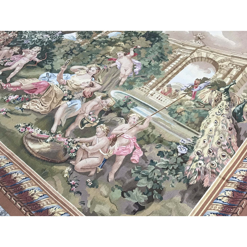 Tapis vert et beige noué à la main de haute qualité