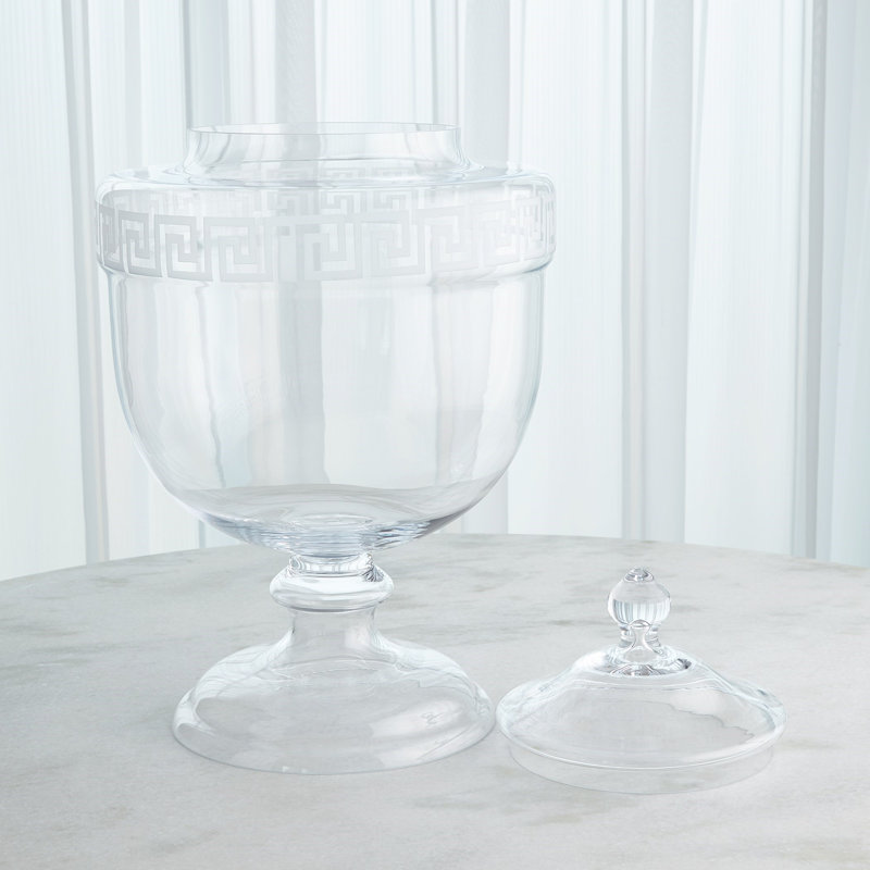 Hand Blown Clear Glass Greek Key Decorative Urn, 29"