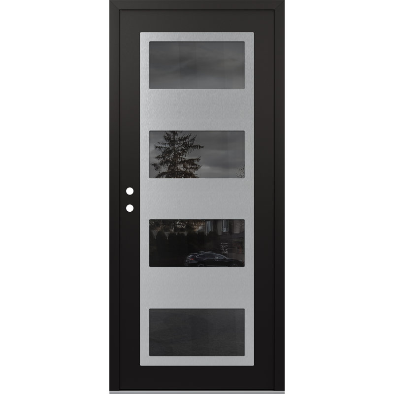 Porte d'entrée pré-suspendue à panneau en acier argenté noir / noir, Oui, Miroitant