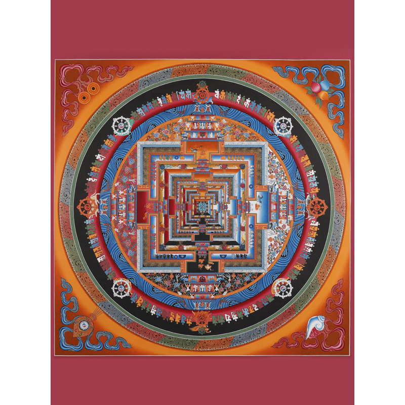 Bouddha, art de mandala cosmique Kalachakra - grand carré Thangka tibétain peint à la main avec des détails en or 24 carats, roue de temps sacrée, décor de méditation 31,5 po x 31,5 po