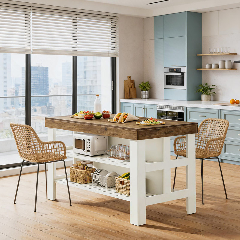 Versatile Kitchen Island With Large Countertop And Double Shelves For Ample Storage And Farmhouse Charm