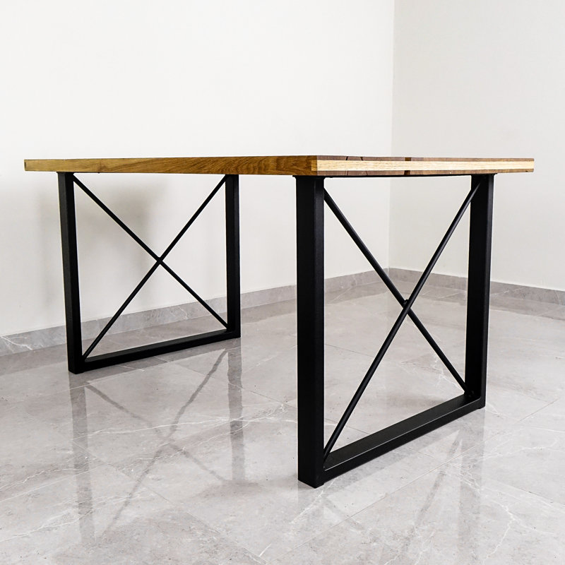 Hinsdale Oak Unfinished Solid Wood Top Metal Base Dining Table,  90cm W  x  200cm L, Oak Wood