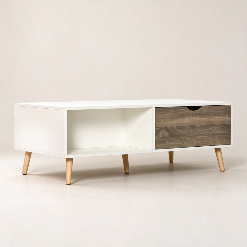 Contemporary Tea Table with Drawer Storage & Wood Legs, White Coffee Table for Bedroom Living Room