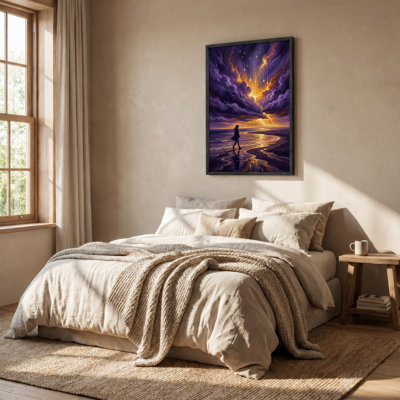 Woman in Hat Walking on Beach Under Purple and Gold Sky Canvas Wall Art