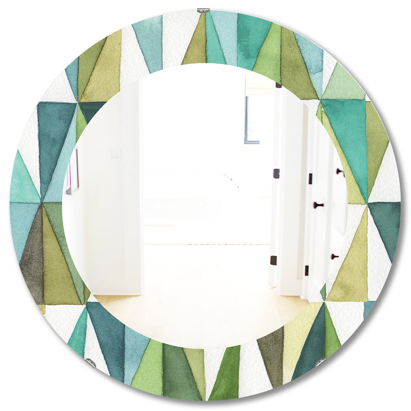 Geometric Green Triangle Wall Mirror, Printed Mid-Century Oval/Round - Geometric Green Triangle III, 23.6" H x 23.6" W
