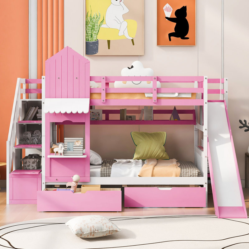 Le lit superposé rose Twintwin avec style, 2 tiroirs et 3 tablettes - pin massif, crée un espace de chambre à coucher captivant et invitant