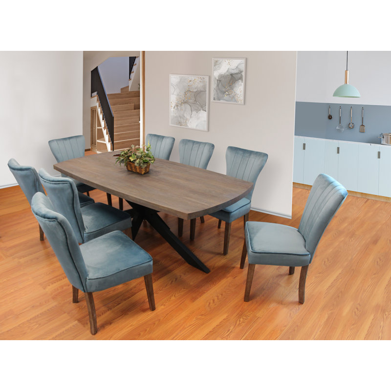 Aryhanna Solid Wood Top Trestle Dining Set, Gray, Teal, 9 Pieces: Table, 8 Chairs