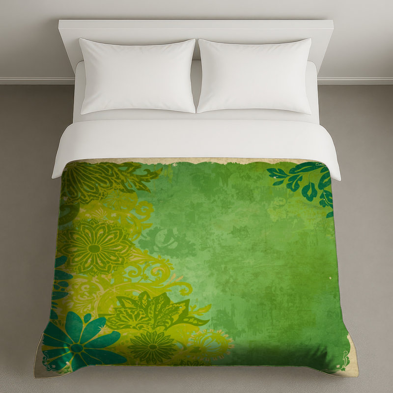 Housses de couette vertes à motif floral, Grand lit