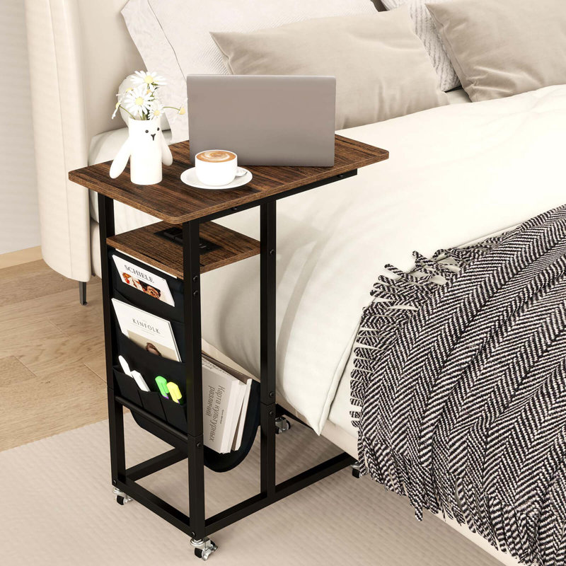C-shaped End Table with Charging Station Rolling Bedside Table Couch Side Table, 1