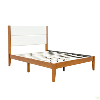 Mid-Century Modern Platform Bed Frame with Upholstered Headboard, Solid Wood Slat Support, No Box Spring Needed, Easy Assembly, Queen Size