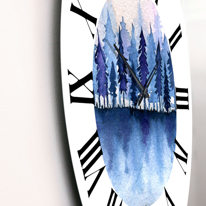 Horloge murale traditionnelle forêt d'épinettes bleu foncé et ciel rose, Petit