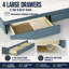 Lit plateforme moderne capitonné avec tête de lit arquée, passepoil contrastant et quatre tiroirs de rangement, taille standard, lin bleu-130121357-130121358
