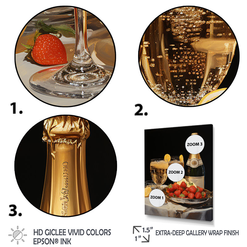 Champagne avec fraise - Champagne, art mural, Cadre flottant noir, H 20 po x l 12 po x P 1 po