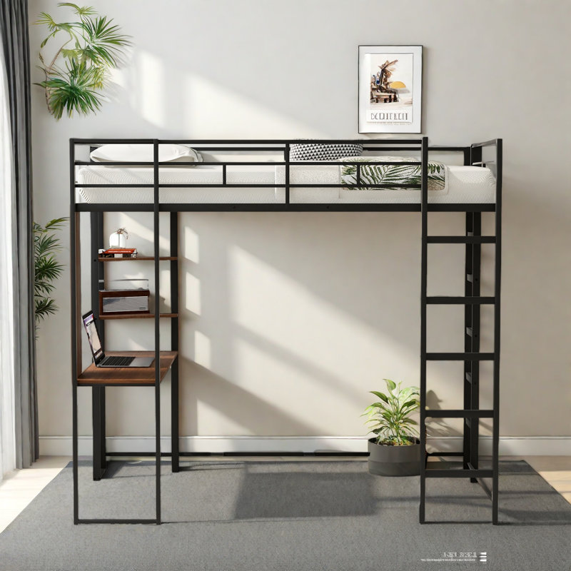 Lit mezzanine en métal avec bureau Bottesford, Simple, Noir