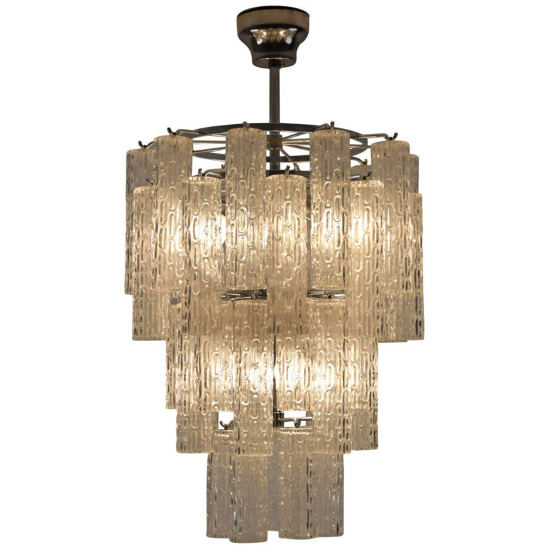 Lustre suspendu vénitien en laiton Spoutnik, Verre texturé givré, 15 po de largeur x 15 po de profondeur x 26 po de