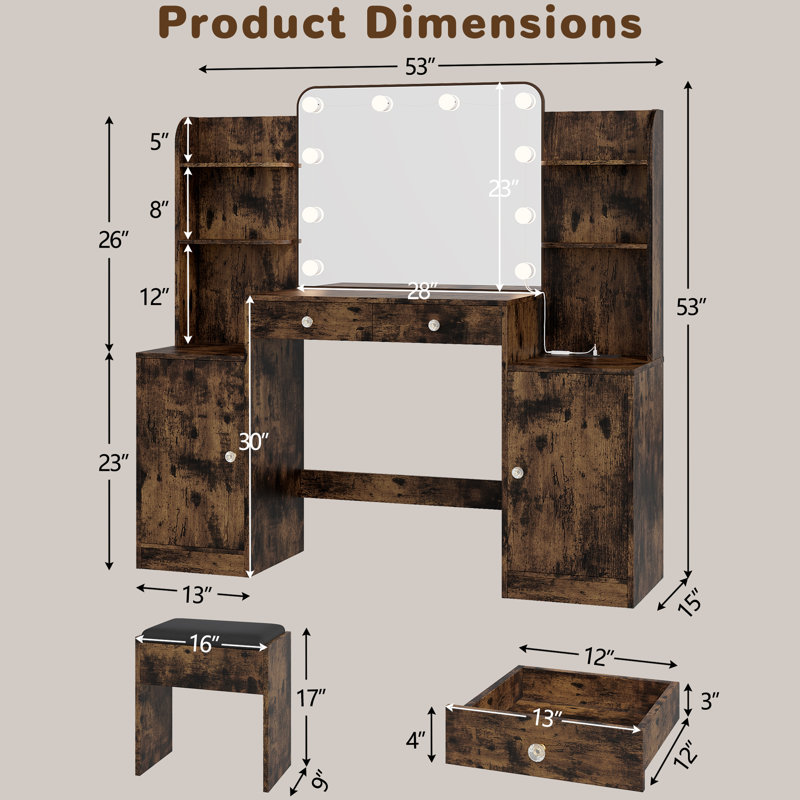 Turinel Large Makeup Vanity Desk with Lighted Mirror & Power Outlet for Bedroom, Vintage Brown