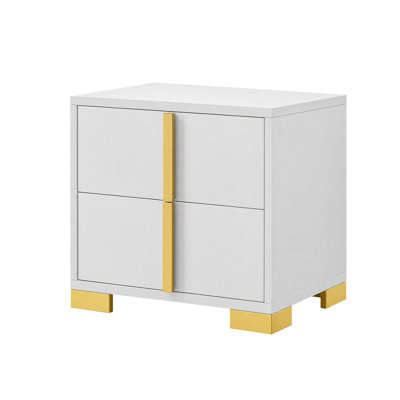 Ensemble de chambre à coucher King, blanc et or, ensemble de 2 pièces avec table de chevet
