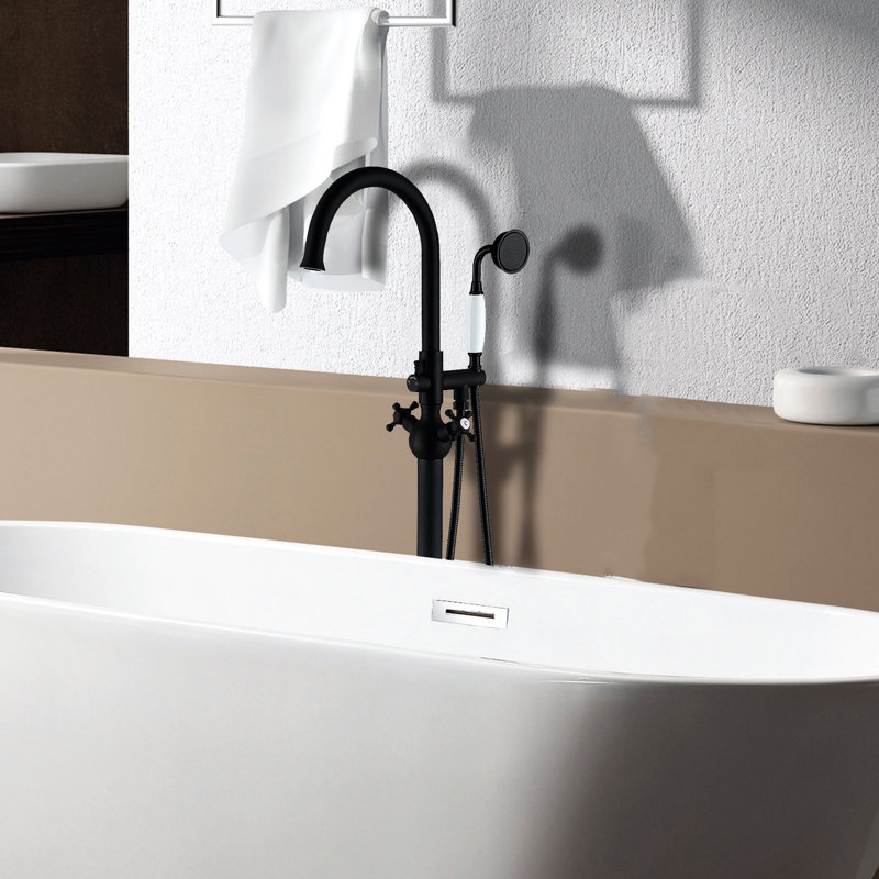 Hand Shower Accompanied Tub Faucet - Matte Black, Metal, Bathroom Fashion Black Freestanding Bathtub With Shower, Metal Durability Upgrade Feature