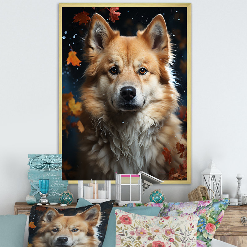 Chien Akita Aurora II sur toile, Cadre doré simple, H 40 po x l 30 po x P 1,5 po