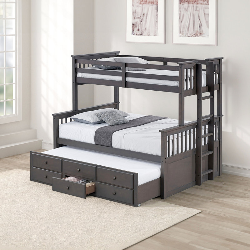 Lit superposé simple au-dessus d'un lit double avec lit gigogne de style transitionnel, teinte grise mélangée, bois d'ingénierie massif pour les tiroirs sous le lit de la chambre à coucher, caractère, configuration