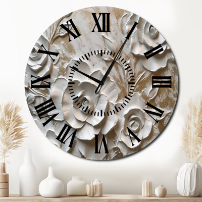 White Roses In Bloom - Floral Rose Black Face Wall Clock