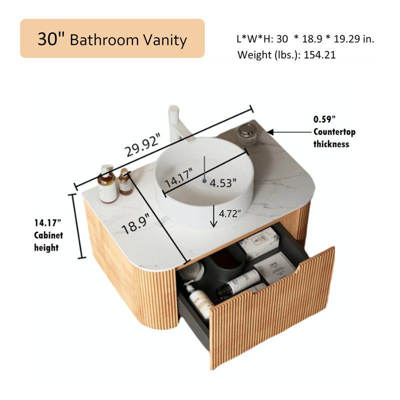 Meuble-lavabo de salle de bain avec lavabo, armoire de rangement murale rayée, Bois naturel, 30"