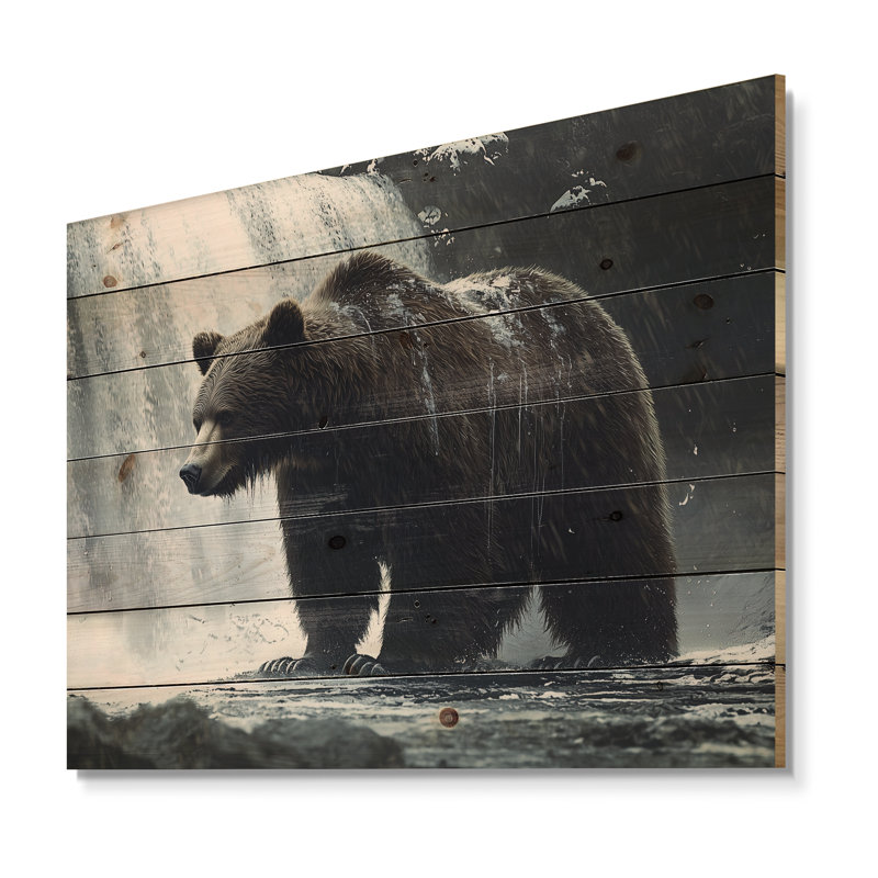 Ours à la cascade Edge I - Décoration murale ours en bois - sur bois de pin naturel, H 10 po x l 20 po x P 0,78 po