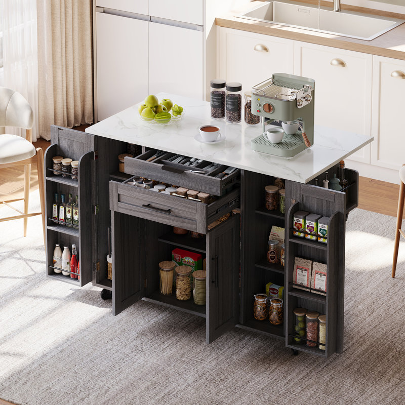 136 cm W Kitchen Island with, Faux Marble, Grey/White/Black
