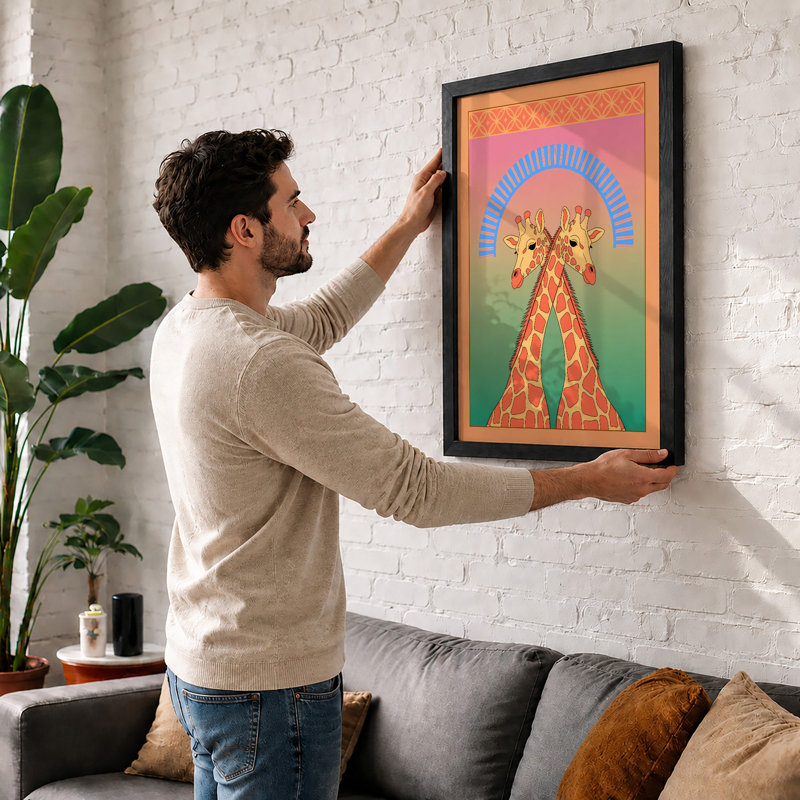 Paired Giraffes Modern - Framed Print, A2 - 59.4 x 42.0 cm, Walnut